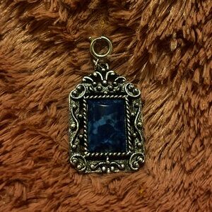 Vintage Sarah Coventry Blue Swirl Glass Cabochan Silver Pendent Reversible cross